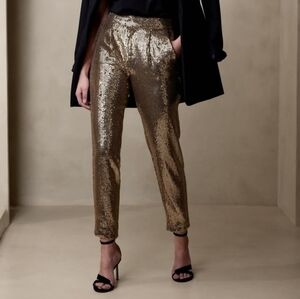 Ulla Sequin Gold High Rise Pants Tapered Ankle Pockets Holiday Occasion NYE
